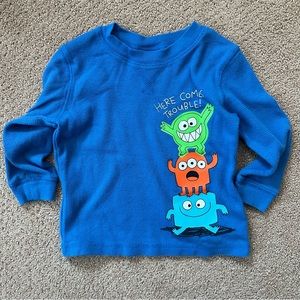 Here Comes Trouble, Blue Waffle Long Sleeve-Circo, Boys size 18M, Monster Detail